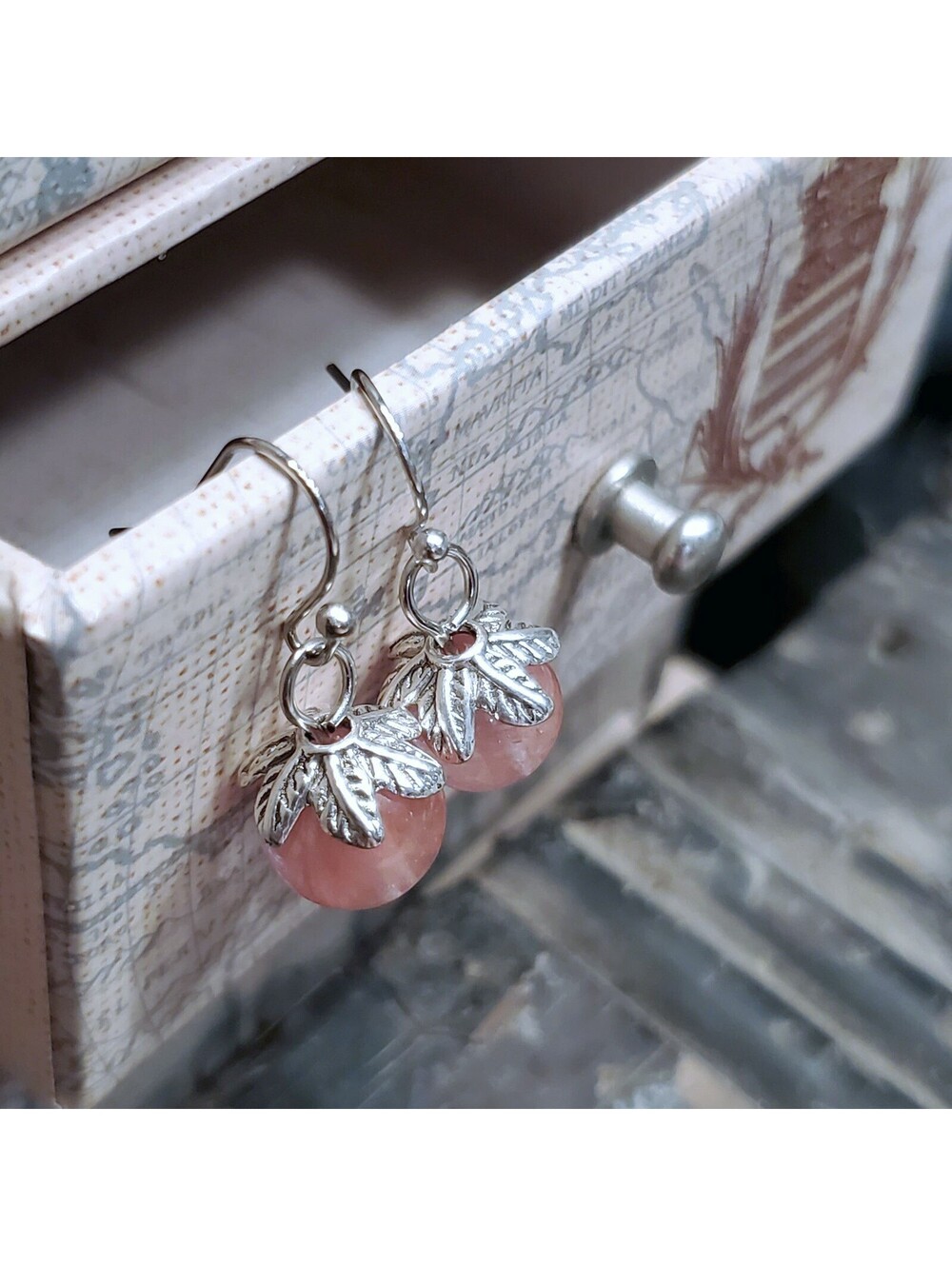 Cherry Quartz Gemstone Dangle Silver Platinum Plated Artsy Leaf Capped Earrings - Picture 3 of 11